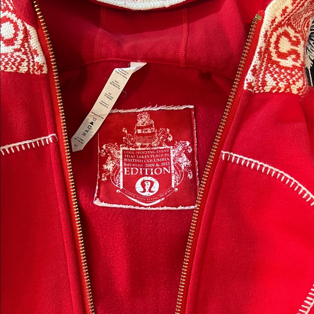 lululemon athletica Bright Red Zip-Up Ski Jacket with Cream Patterned Trim